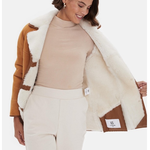 UK Washed Tan Shearling Sheepskin Jacket, Luxury Leather Women's Jacket - Picture 6 of 11